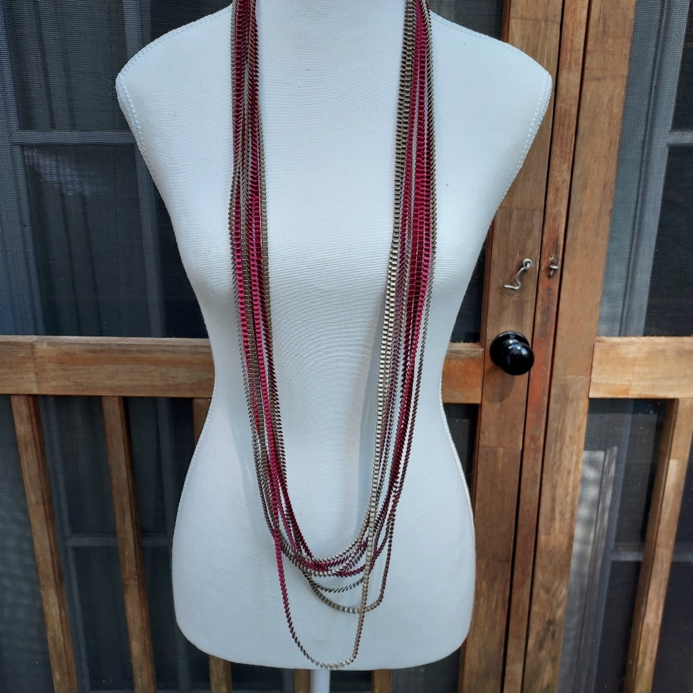 Multi-Strand Pleated Fabric Necklace in Ruby and Gold